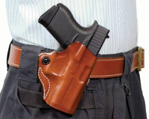 DESANTIS MINI SCABBARD HOLSTER - RH OWB LEATHER 380 SHLD EZ TAN